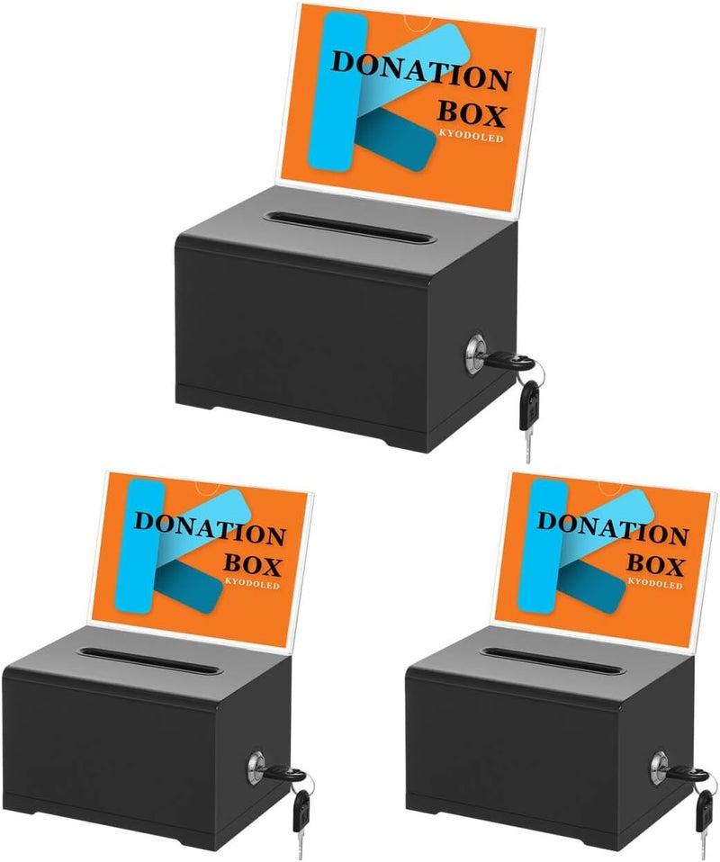 KYODOLED Black Donation Box for Fundraising, Suggestion Box with Lock and Key, Raffle Box for Tickets with Sign Holder, Tip Jar for Event and Organization, 6.2"x4.6"x4", 3PACK(Sign Card Not Contain) - Image 1